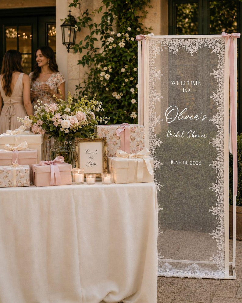 Personalized Lace Bridal Shower Welcome Sign, Custom Sheer Bride Shower Banner, Whimsical Hen Do Decor