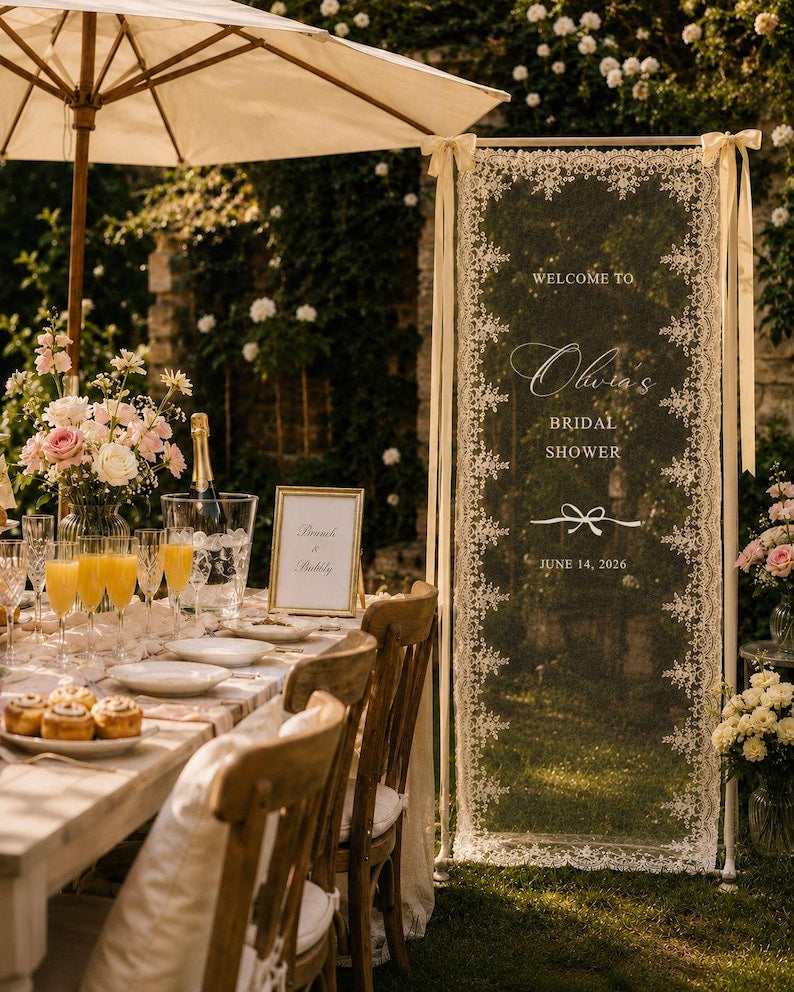 Personalized Lace Bridal Shower Welcome Sign, Custom Sheer Bride Shower Banner, Whimsical Hen Do Decor