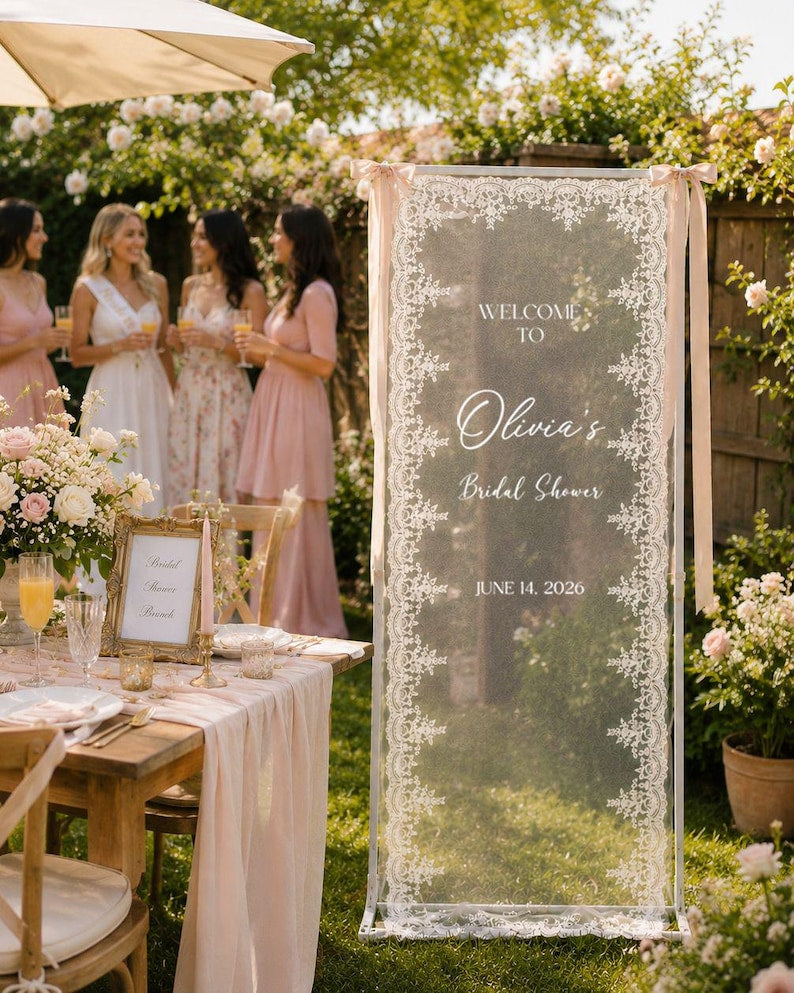 Personalized Lace Bridal Shower Welcome Sign, Custom Sheer Bride Shower Banner, Whimsical Hen Do Decor