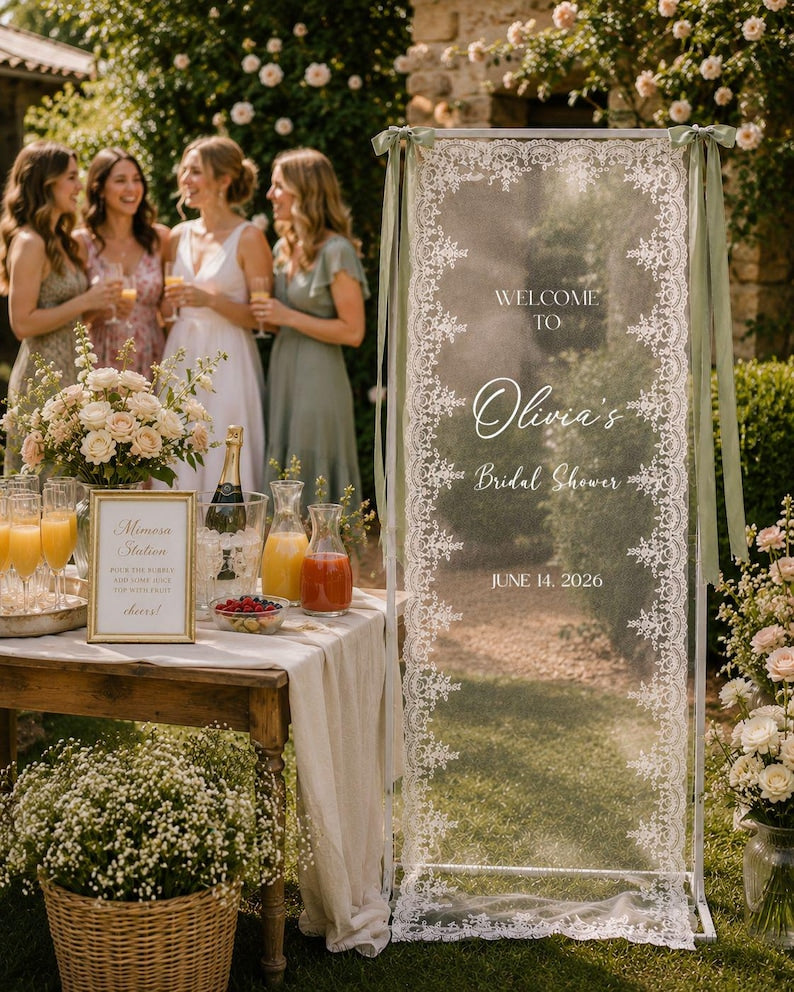Personalized Lace Bridal Shower Welcome Sign, Custom Sheer Bride Shower Banner, Whimsical Hen Do Decor