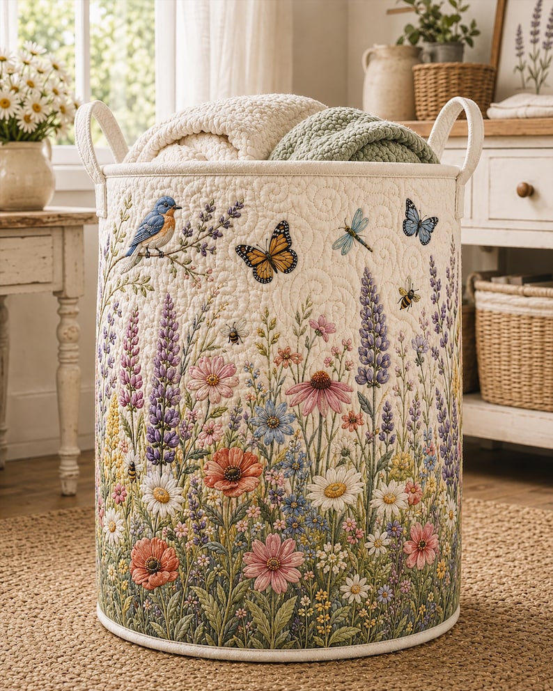 Blooming Meadow Quilted Laundry Basket, Colorful Wildflower Storage Bin, Rustic Country Floral Clothes Hamper