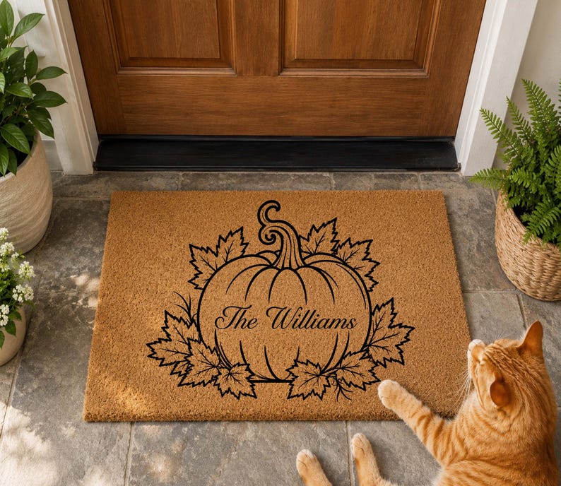 Personalized Pumpkin Doormat, Custom Family Name Doormat, Fall Welcome Mat, Autumn Coir Doormat