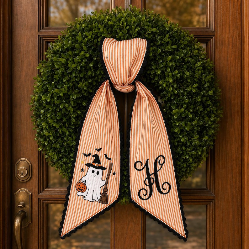Custom Witch Ghost Halloween Embroidered Wreath Sash, Spooky Sash, Custom Fall Season Front Door Decor