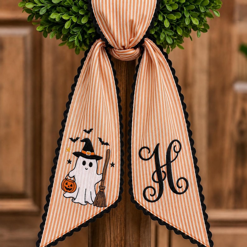 Custom Witch Ghost Halloween Embroidered Wreath Sash, Spooky Sash, Custom Fall Season Front Door Decor