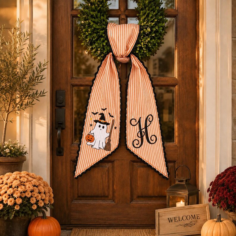 Custom Witch Ghost Halloween Embroidered Wreath Sash, Spooky Sash, Custom Fall Season Front Door Decor
