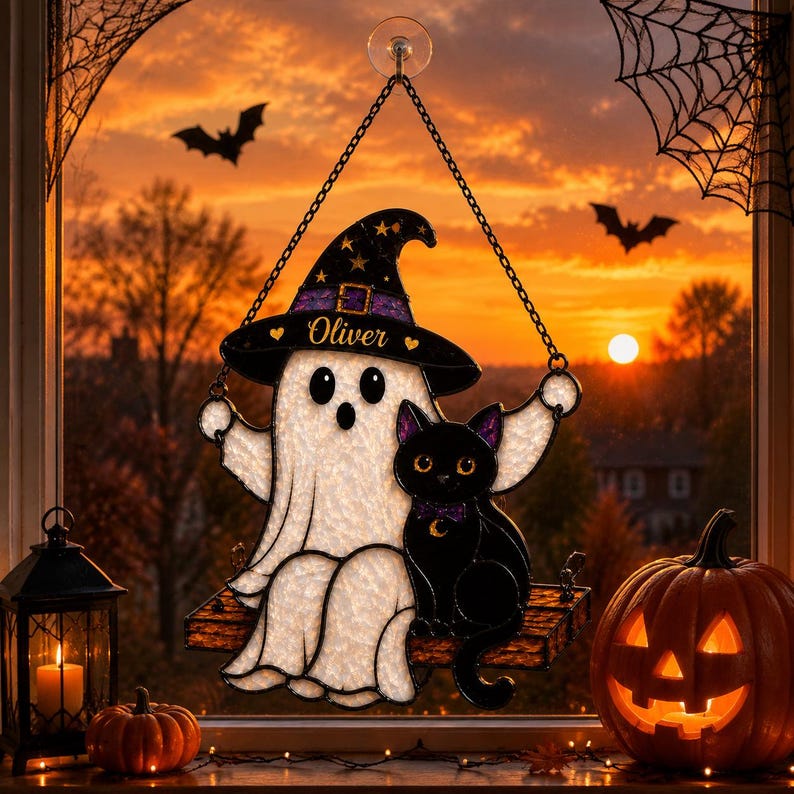 Personalized Ghost Cat Suncatcher, Witch Hat Halloween Window Hanging, Spooky Fall Decor Ornament