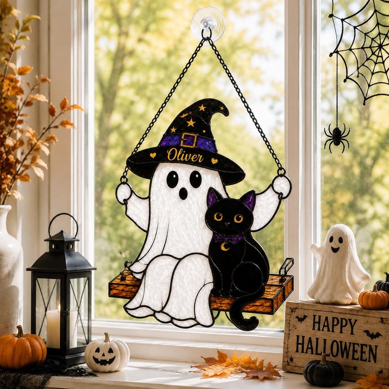 Personalized Ghost Cat Suncatcher, Witch Hat Halloween Window Hanging, Spooky Fall Decor Ornament