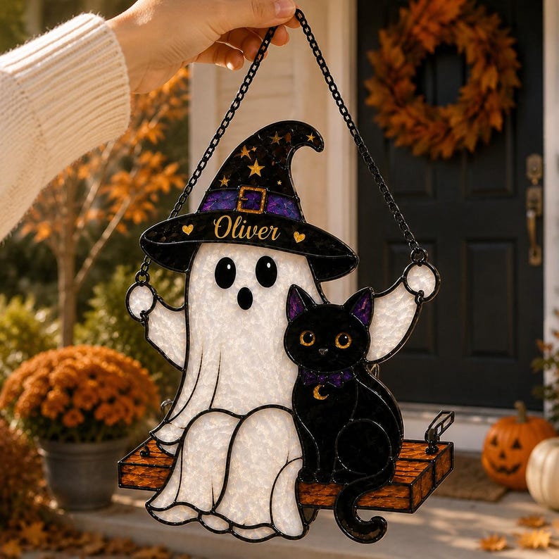 Personalized Ghost Cat Suncatcher, Witch Hat Halloween Window Hanging, Spooky Fall Decor Ornament