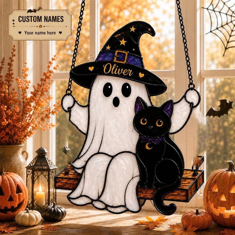 Personalized Ghost Cat Suncatcher, Witch Hat Halloween Window Hanging, Spooky Fall Decor Ornament