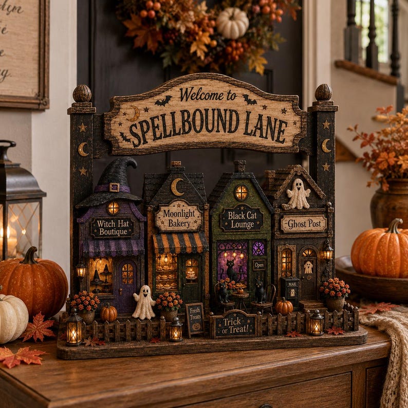 Spellbound Halloween Village Wooden Block, Spooky Shelf Decor, Witch Cat Ghost Decor