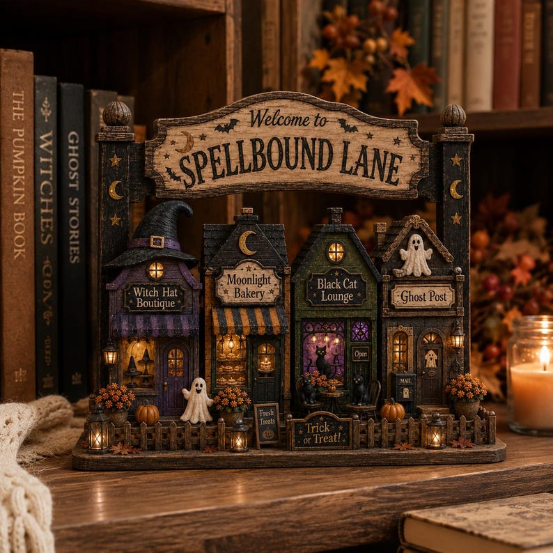 Spellbound Halloween Village Wooden Block, Spooky Shelf Decor, Witch Cat Ghost Decor