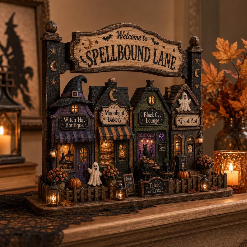 Spellbound Halloween Village Wooden Block, Spooky Shelf Decor, Witch Cat Ghost Decor