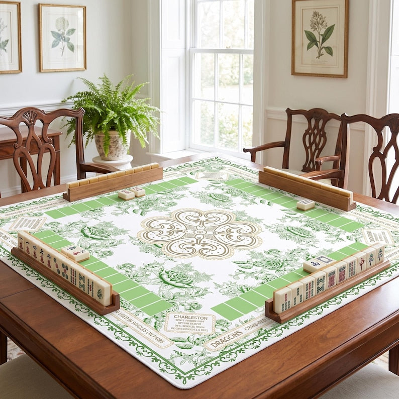 Green Floral Luxury American Mahjong Mat, Non Slip Game Pad