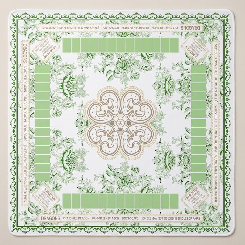 Green Floral Luxury American Mahjong Mat, Non Slip Game Pad