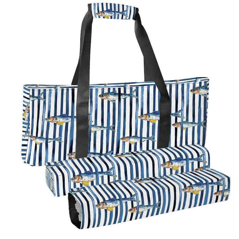 Blue Fish Mahjong Bag Set, Mahjong Tote Bag, Mahjong Tile Bag, Mahjong Rack Bag, Coastal Mahjong Carrier