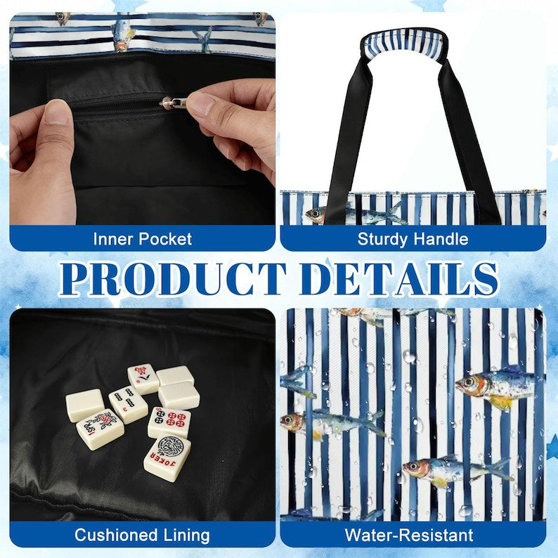 Blue Fish Mahjong Bag Set, Mahjong Tote Bag, Mahjong Tile Bag, Mahjong Rack Bag, Coastal Mahjong Carrier