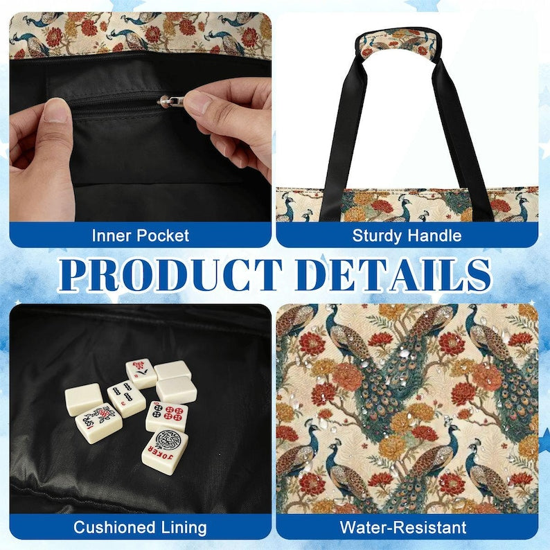 Vintage Peacock Mahjong Bag Set, Mahjong Tote Bag, Mahjong Tile Bag, Mahjong Rack Bag, Peacock Floral Mahjong Carrier