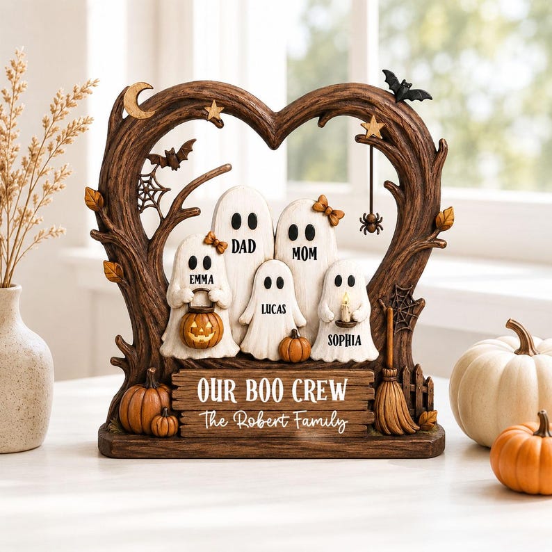 Custom Ghost Family Halloween Wooden Plaque, Rustic Fall Decor, Boo Crew Name Block, Halloween Gift
