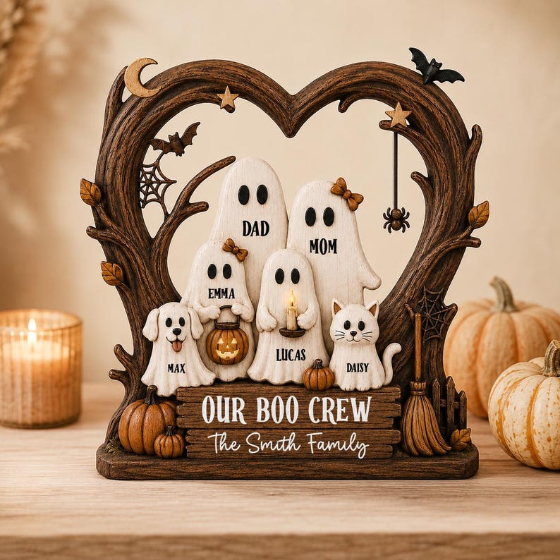 Custom Ghost Family Halloween Wooden Plaque, Rustic Fall Decor, Boo Crew Name Block, Halloween Gift