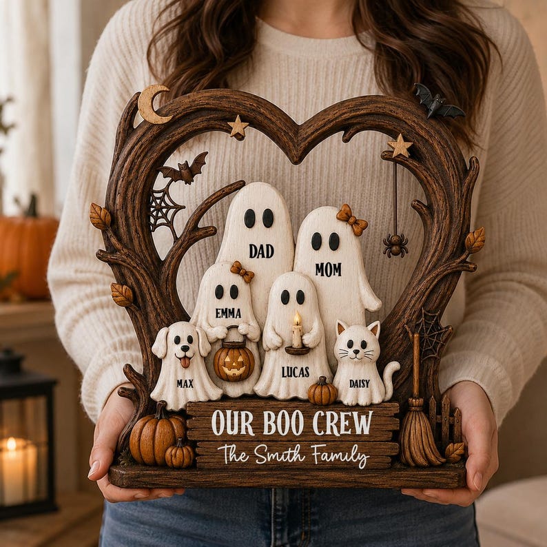 Custom Ghost Family Halloween Wooden Plaque, Rustic Fall Decor, Boo Crew Name Block, Halloween Gift
