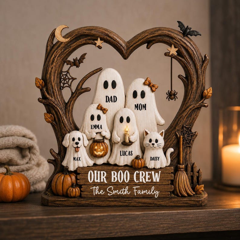 Custom Ghost Family Halloween Wooden Plaque, Rustic Fall Decor, Boo Crew Name Block, Halloween Gift