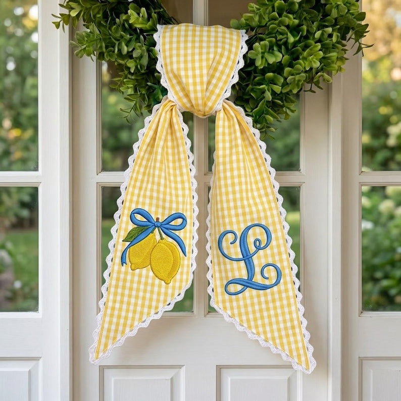 Embroidered Lemon Topiary Wreath Sash, Personalized Monogram, Front Door Decor, Personalized Summer Door Decor