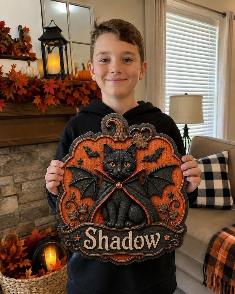 Halloween Cat Wooden Sign, Personalized Pet Name Door Hanger, Custom Black Cat Wall Art, Family Halloween Decor Gift