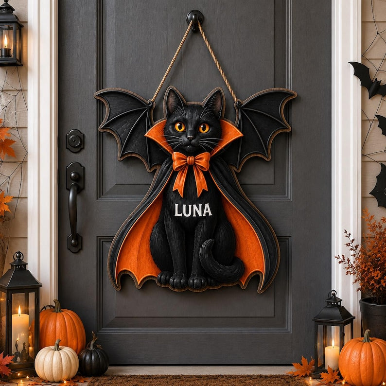 Halloween Cat Wooden Sign, Personalized Pet Name Door Hanger, Custom Black Cat Wall Art, Family Halloween Decor Gift