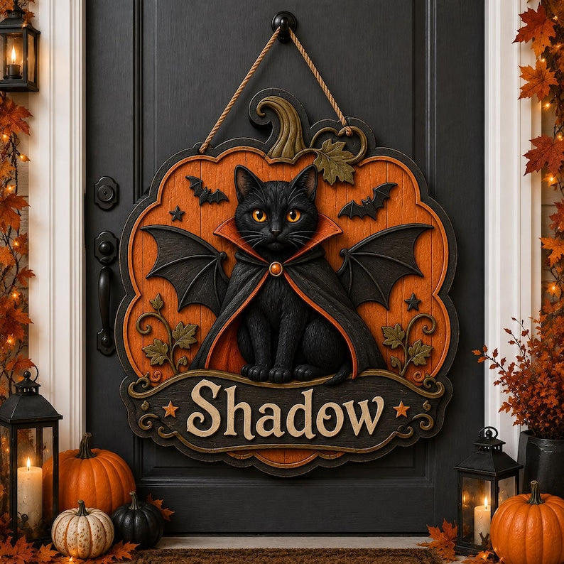 Halloween Cat Wooden Sign, Personalized Pet Name Door Hanger, Custom Black Cat Wall Art, Family Halloween Decor Gift