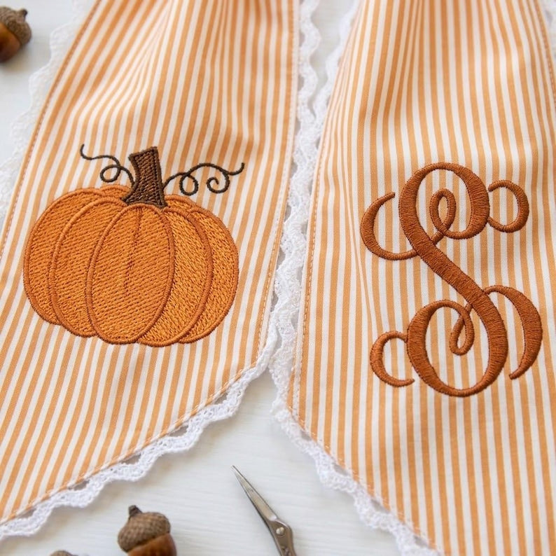 Embroidered Pumpkin Wreath Sash, Fall Monogram Door Ric Rac Bow, Custom Autumn Wreath Ribbon