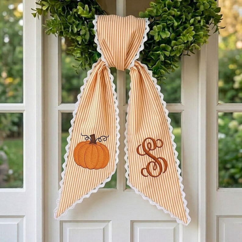 Embroidered Pumpkin Wreath Sash, Fall Monogram Door Ric Rac Bow, Custom Autumn Wreath Ribbon