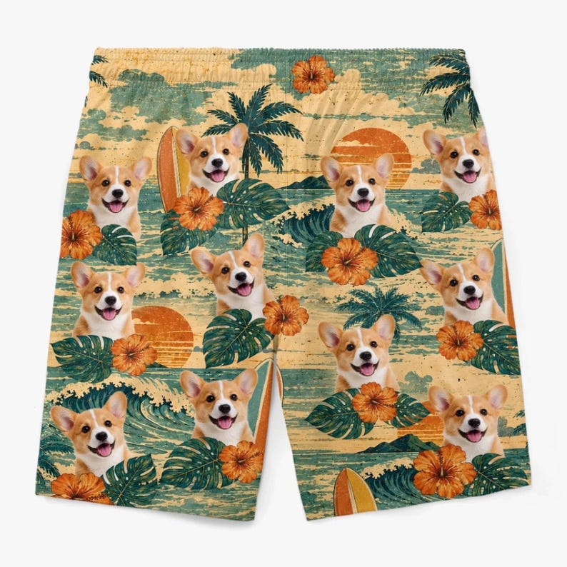 Custom Pet Face Swim Trunks, Personalized Dog Photo Hawaiian Beach Shorts, Funny Men’s Vacation Gift