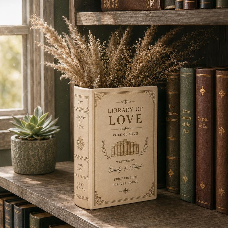 Custom Toile De Jouy Ceramic Book Vase, Personalised Wedding Gift for Couple, Floral Book Shaped Vase