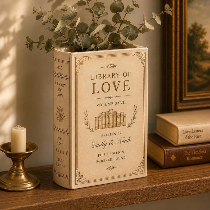 Custom Toile De Jouy Ceramic Book Vase, Personalised Wedding Gift for Couple, Floral Book Shaped Vase