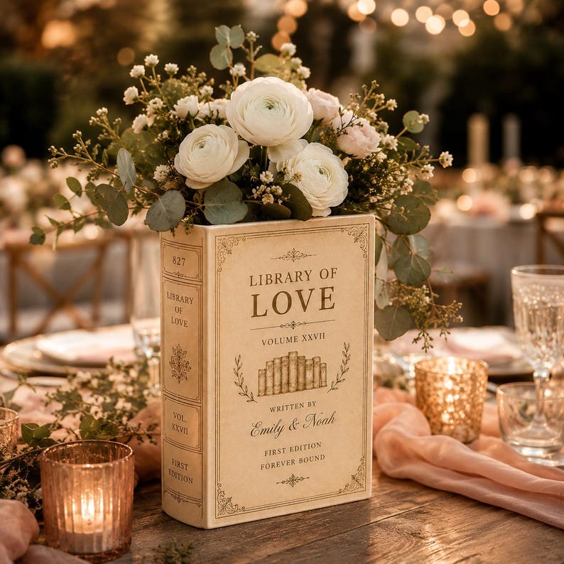 Custom Toile De Jouy Ceramic Book Vase, Personalised Wedding Gift for Couple, Floral Book Shaped Vase