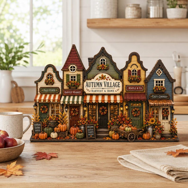 Autumn Village Wooden Block Decor, Fall House Shelf Sitter, Rustic Farmhouse Tiered Tray Decor