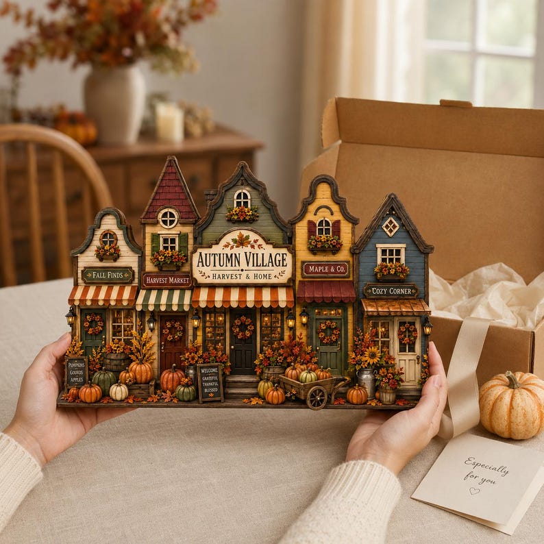 Autumn Village Wooden Block Decor, Fall House Shelf Sitter, Rustic Farmhouse Tiered Tray Decor
