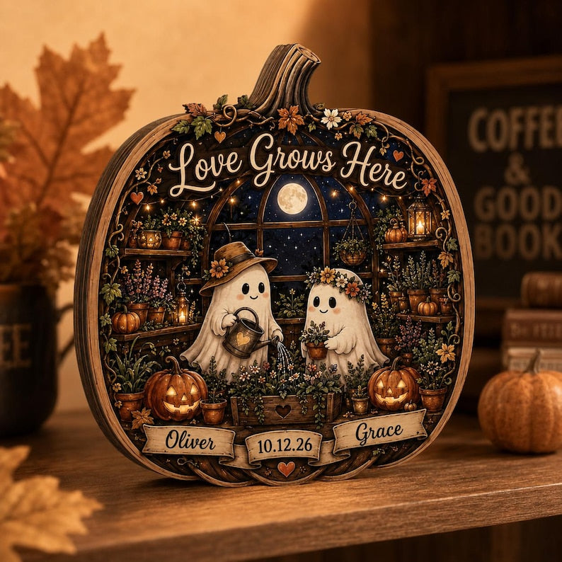 Personalized Pumpkin Wooden Block, Ghost Couple Halloween Shelf Decor, Love Grows Here