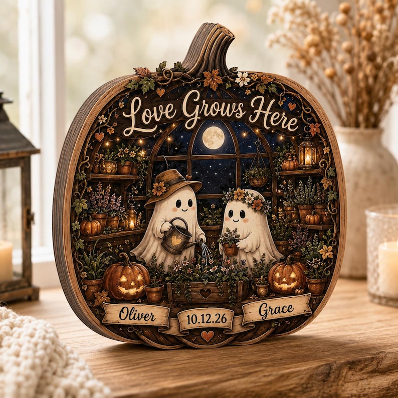 Personalized Pumpkin Wooden Block, Ghost Couple Halloween Shelf Decor, Love Grows Here