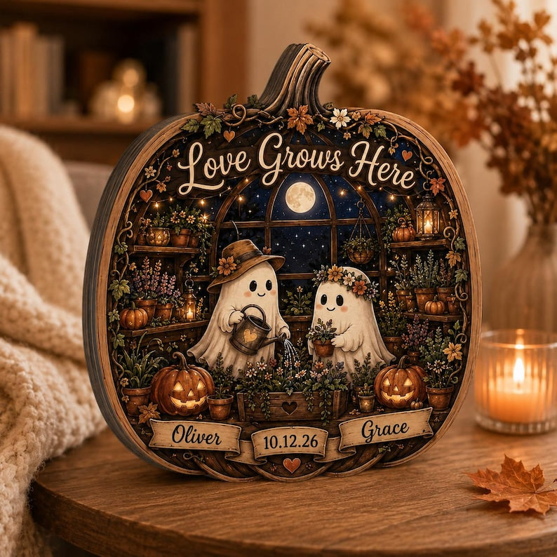 Personalized Pumpkin Wooden Block, Ghost Couple Halloween Shelf Decor, Love Grows Here