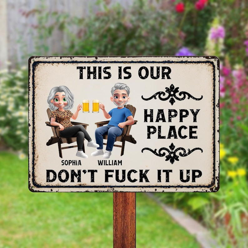 Personalized Couple Metal Sign, Happy Place Patio Decor, Anniversary Gift, Outdoor Wall Art