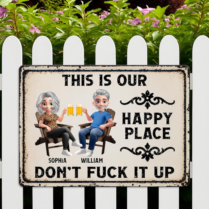 Personalized Couple Metal Sign, Happy Place Patio Decor, Anniversary Gift, Outdoor Wall Art