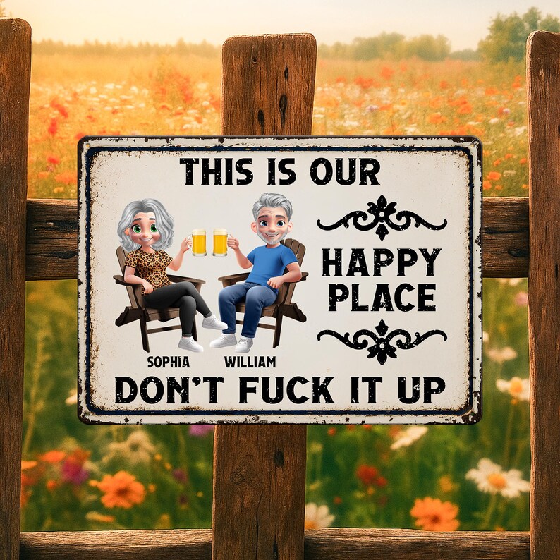 Personalized Couple Metal Sign, Happy Place Patio Decor, Anniversary Gift, Outdoor Wall Art