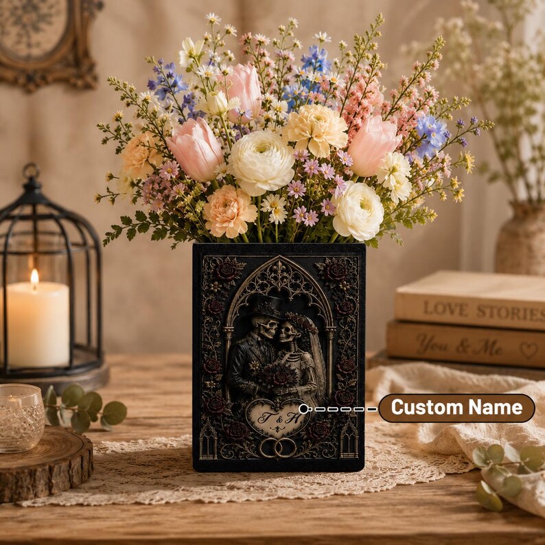 Til Death Do Us Part Skeleton Couple Ceramic Book Vase, Skeleton Lovers