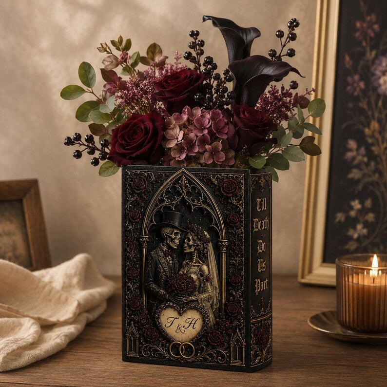 Til Death Do Us Part Skeleton Couple Ceramic Book Vase, Skeleton Lovers