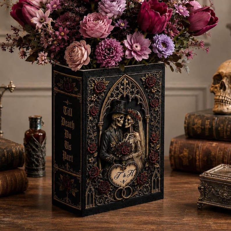 Til Death Do Us Part Skeleton Couple Ceramic Book Vase, Skeleton Lovers