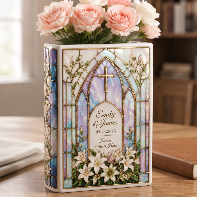 Custom Stained Glass Style Ceramic Book Vase, Custom Wedding Gift for Couple
