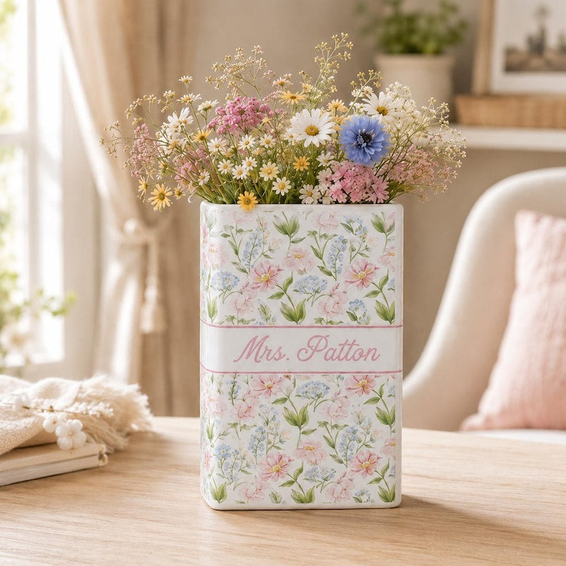 Personalized Teacher Gift, Custom Ceramic Book Vase, Back to School Teacher Appreciation Keepsake