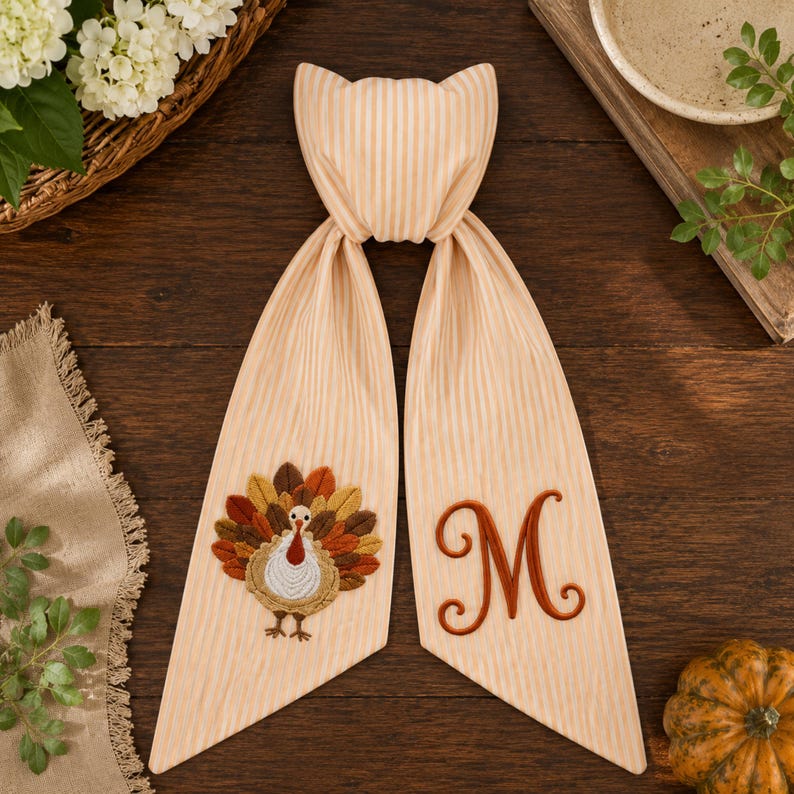 Thanksgiving Wreath Sash, Personalized Pumpkin Monogram Door Sash, Seersucker Embroidered Fall Wreath Bow