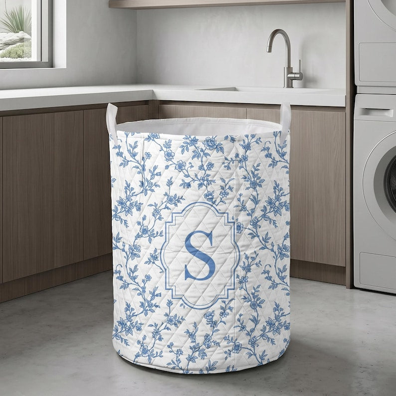 Personalized Quilt Laundry Basket, Monogram Floral Storage Bin, Toile Fabric Organizer